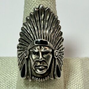 Vintage Signed Ted Ott Sterling Silver 925 Native Indian Chief Onyx Headdress